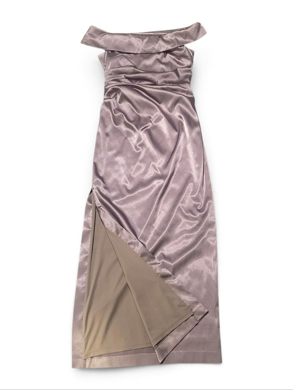 Vince Camuto Off The Shoulder Satin  Dress in Taupe
